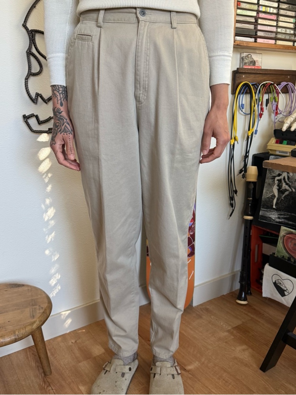 Vintage 90s Cotton Khaki Pleated Trousers ~ Size 27 x 30